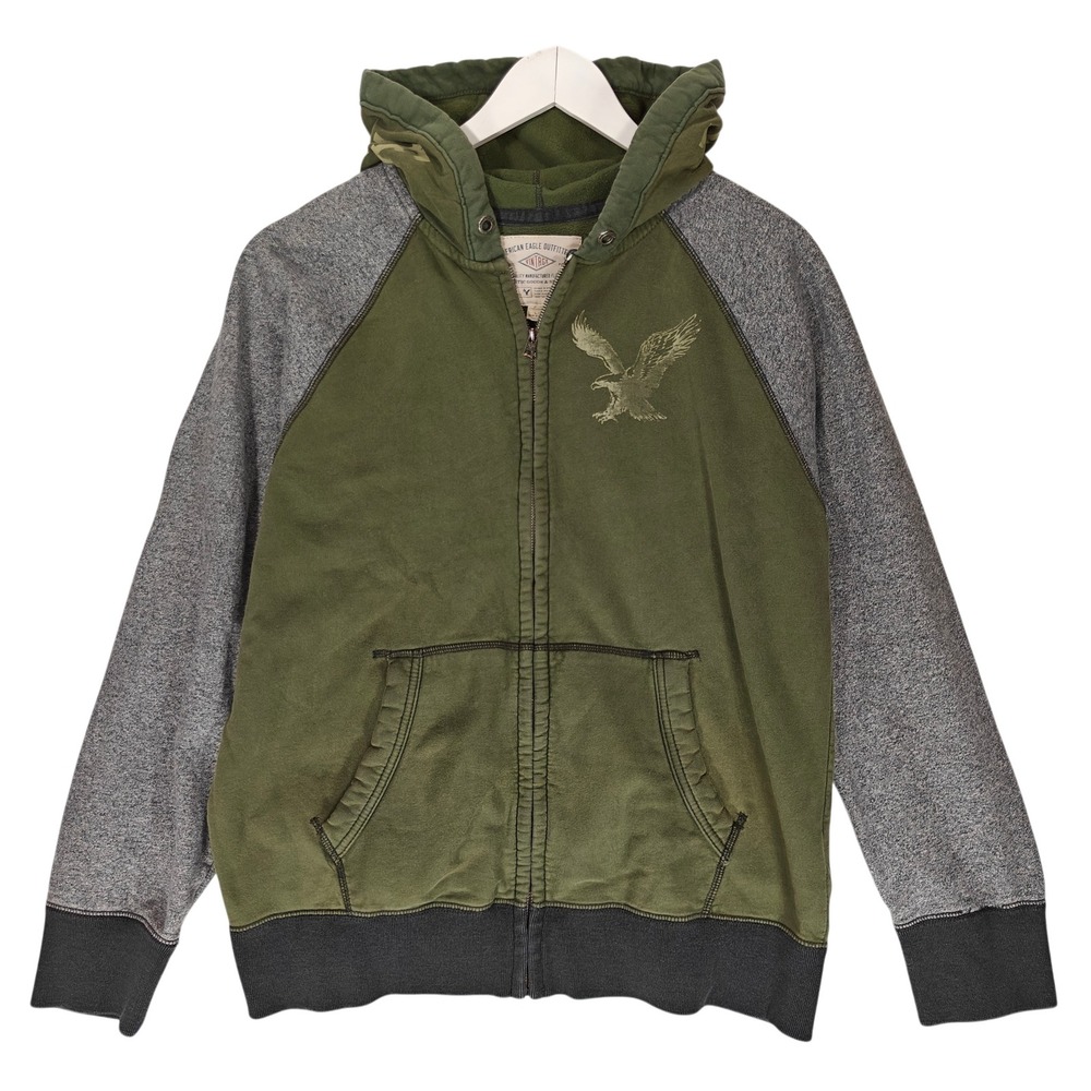 American Eagle Mens Full Zip Hoodie Green Gray Colorblock Eagle Graphic Large - Picture 1 of 7